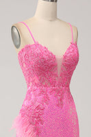 Laden Sie das Bild in den Galerie-Viewer, Trendiges Meerjungfrauen Spaghettiträger Rosa Pailletten Langes Ballkleid mit Applikationen