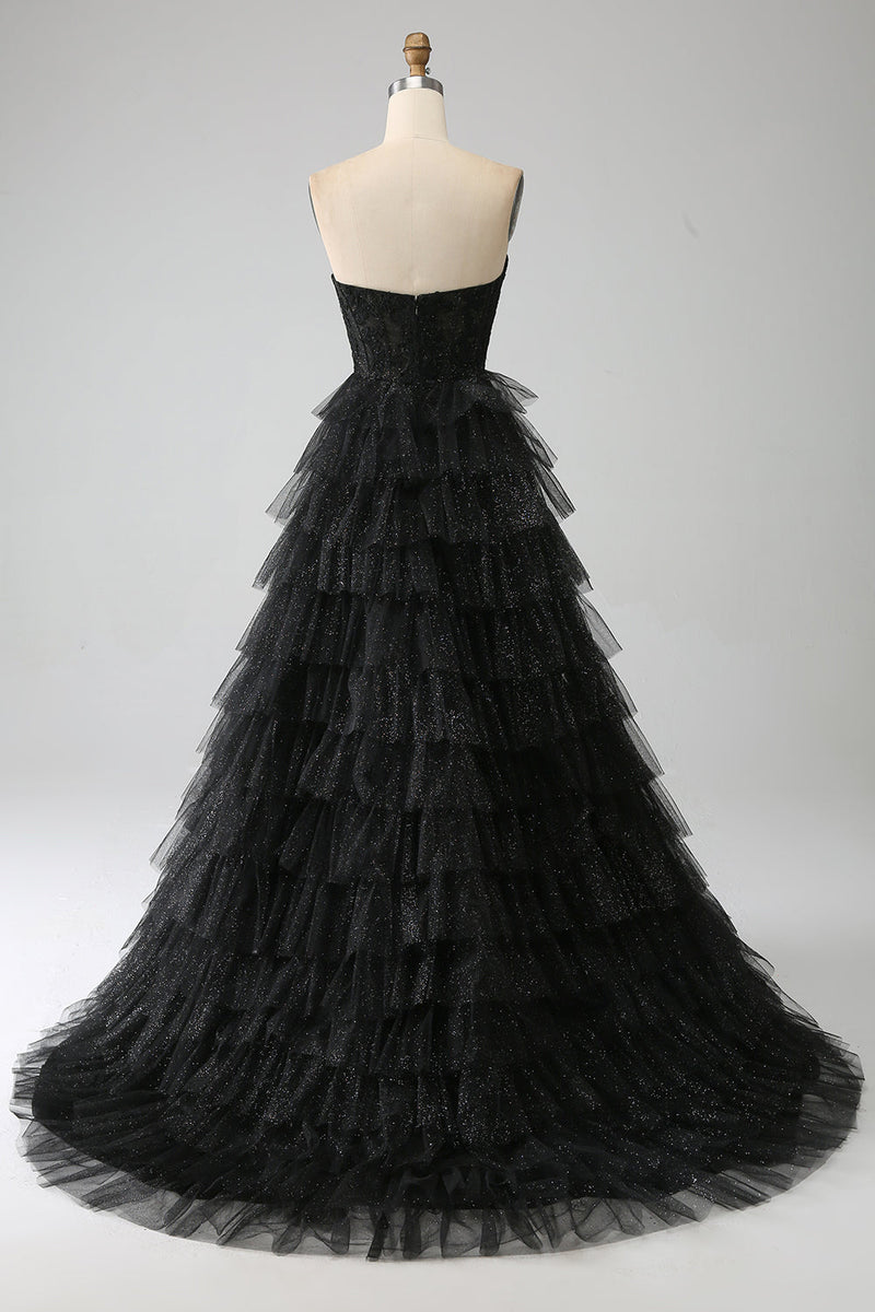 Laden Sie das Bild in den Galerie-Viewer, Glitter Sweetheart Schwarzes Korsett Ballkleid mit Schlitz