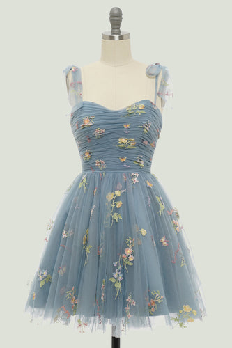 Graublau Kurzes A Linie Abendkleid mit Stickerei