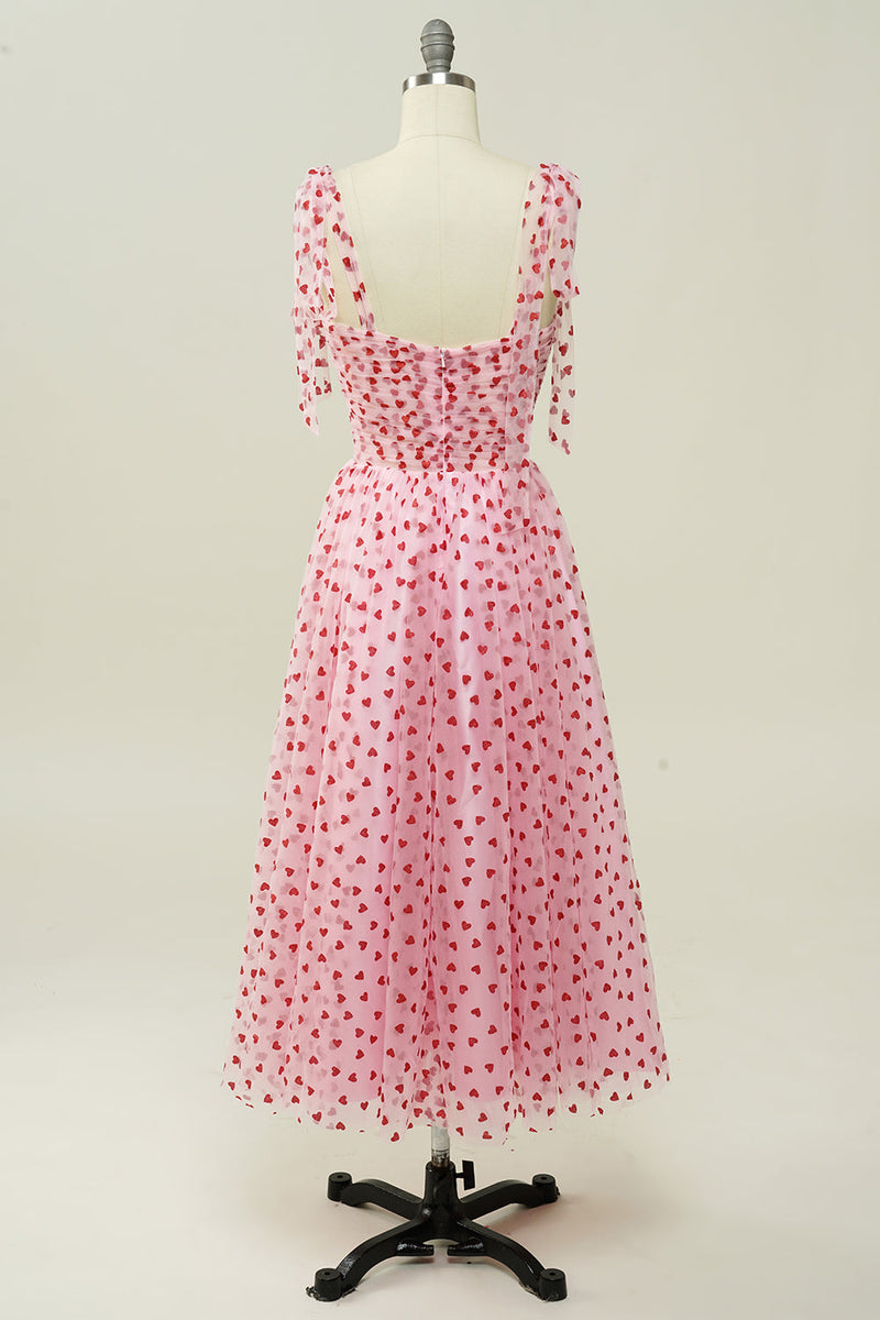 Laden Sie das Bild in den Galerie-Viewer, Rosa Tüll A-Linie Midi Ballkleid mit Herzen