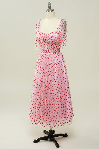 Rosa Tüll A-Linie Midi Ballkleid mit Herzen