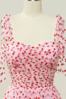 Laden Sie das Bild in den Galerie-Viewer, Rosa Tüll A-Linie Midi Ballkleid mit Herzen