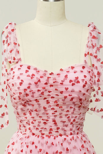 Rosa Tüll A-Linie Midi Ballkleid mit Herzen
