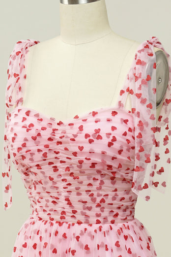 Rosa Tüll A-Linie Midi Ballkleid mit Herzen
