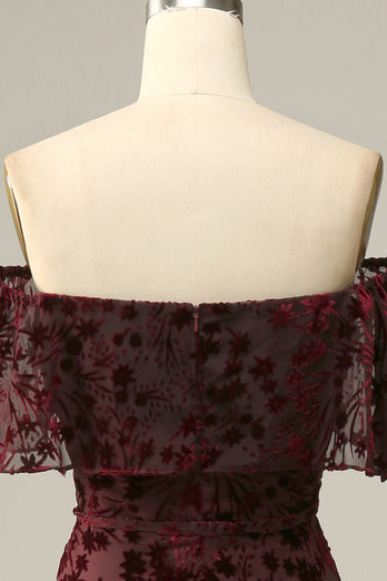 Burgund Blume Schulterfreies Abendkleid