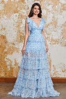 Laden Sie das Bild in den Galerie-Viewer, Prinzessin A Linie V-Ausschnitt Blaues Langes Ballkleid mit Rüschenschlitz