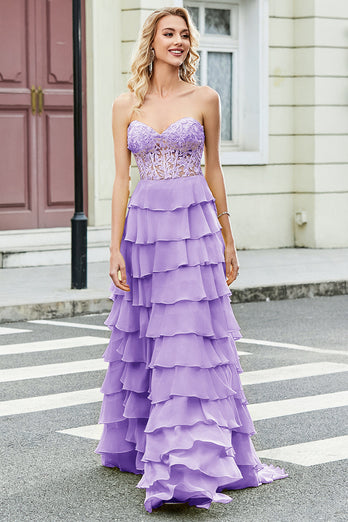 Wunderschönes A-Linien-Sweetheart-Korsett Fliederfarbenes Ballkleid mit Applikationen und Rüschen