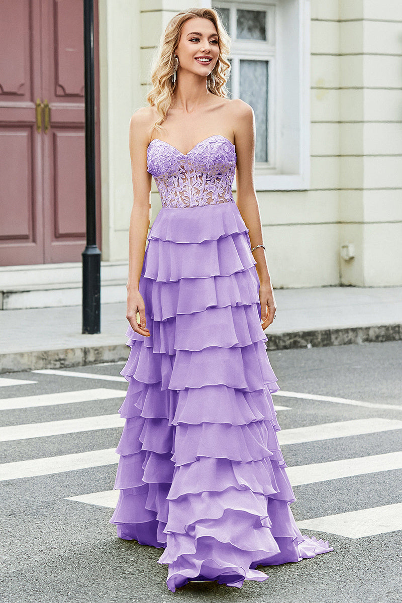 Laden Sie das Bild in den Galerie-Viewer, Wunderschönes A-Linien-Sweetheart-Korsett Fliederfarbenes Ballkleid mit Applikationen und Rüschen