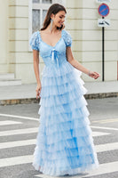 Laden Sie das Bild in den Galerie-Viewer, Wunderschönes Himmelblaues Abendkleid mit V-Ausschnitt und Rüschen