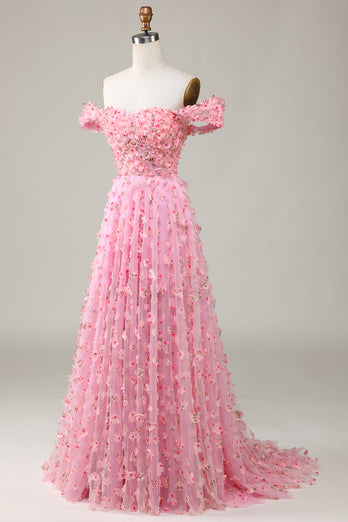 A-Linie Schulterfreies Rosa Langes Ballkleider mit 3D-Blumen