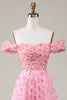 Laden Sie das Bild in den Galerie-Viewer, A-Linie Schulterfreies Rosa Langes Ballkleider mit 3D-Blumen