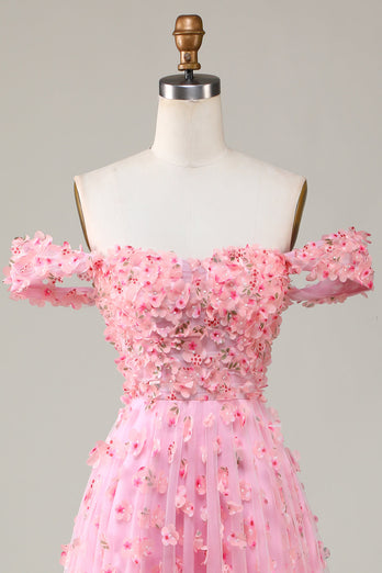 A-Linie Schulterfreies Rosa Langes Ballkleider mit 3D-Blumen