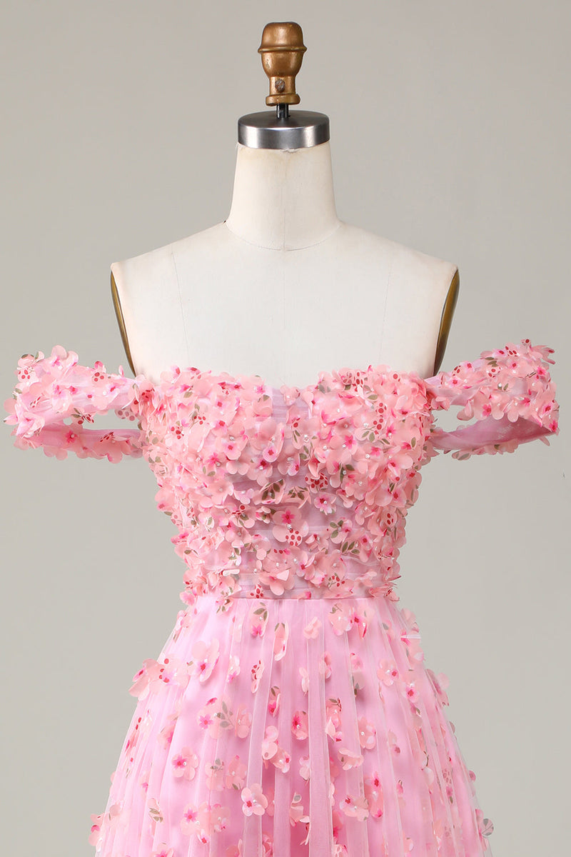 Laden Sie das Bild in den Galerie-Viewer, A-Linie Schulterfreies Rosa Langes Ballkleider mit 3D-Blumen