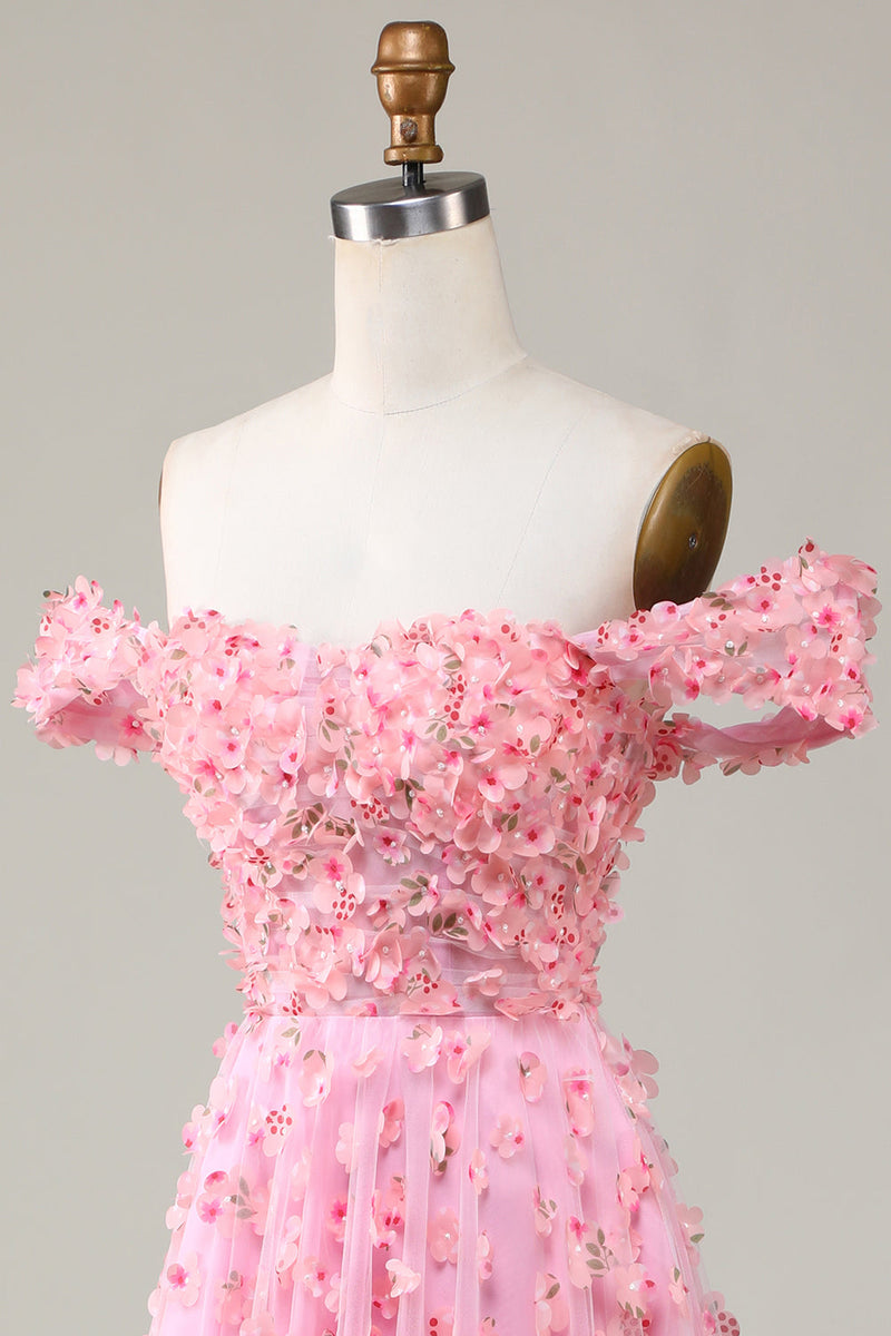 Laden Sie das Bild in den Galerie-Viewer, A-Linie Schulterfreies Rosa Langes Ballkleider mit 3D-Blumen