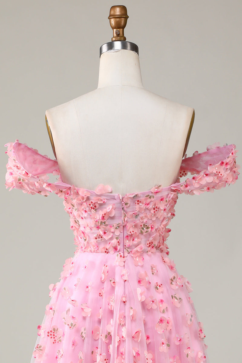 Laden Sie das Bild in den Galerie-Viewer, A-Linie Schulterfreies Rosa Langes Ballkleider mit 3D-Blumen