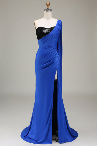Königsblaues Plissiertes Satin und Pailletten Ballkleid mit Schlitz