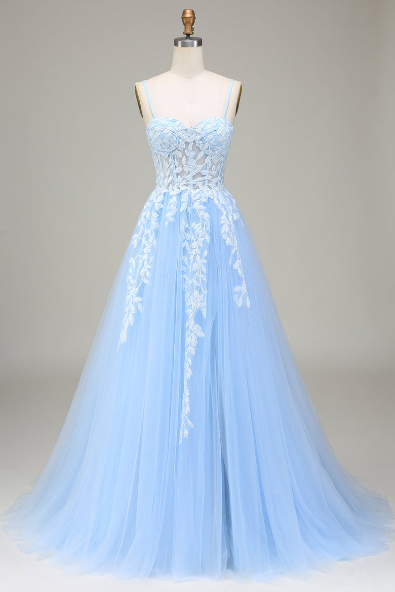 Laden Sie das Bild in den Galerie-Viewer, Himmelblau A-Linie Tüll Spaghettiträger Ballkleid mit Applikationen