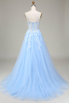 Himmelblau A-Linie Tüll Spaghettiträger Ballkleid mit Applikationen