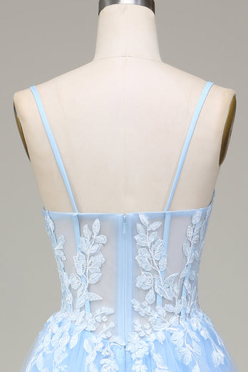 Himmelblau A-Linie Tüll Spaghettiträger Ballkleid mit Applikationen