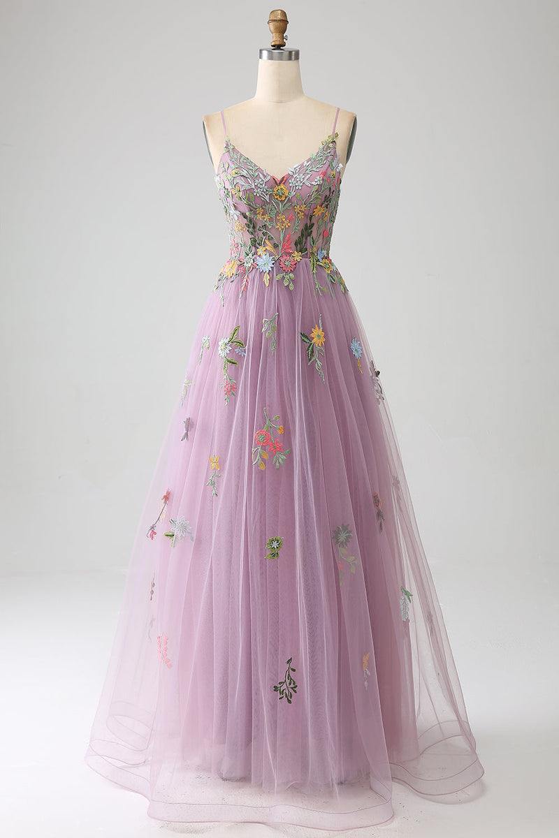 Laden Sie das Bild in den Galerie-Viewer, Mauve A-Linie Spaghettiträger Langes Ballkleid aus Tüll mit Stickerei