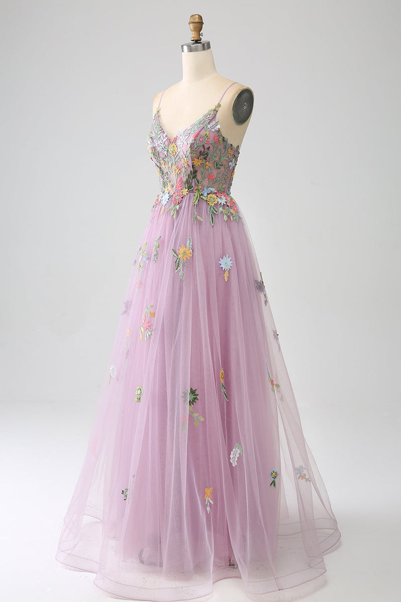 Laden Sie das Bild in den Galerie-Viewer, Mauve A-Linie Spaghettiträger Langes Ballkleid aus Tüll mit Stickerei