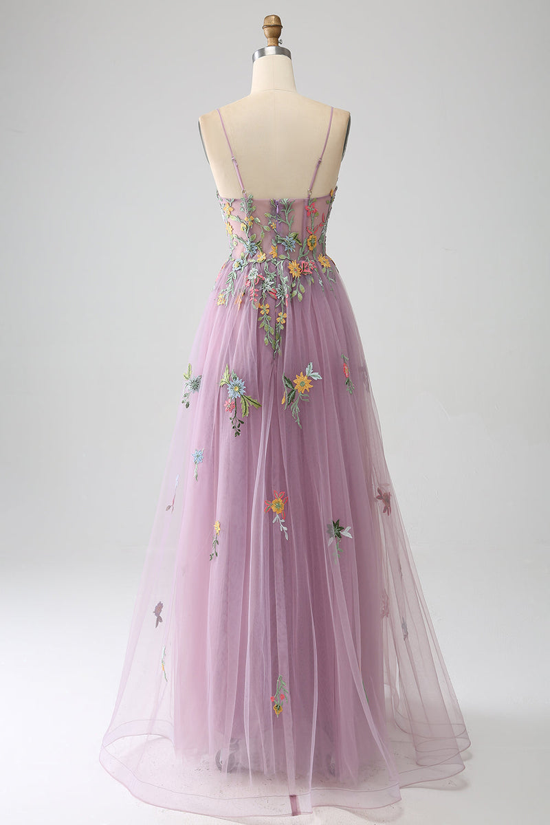 Laden Sie das Bild in den Galerie-Viewer, Mauve A-Linie Spaghettiträger Langes Ballkleid aus Tüll mit Stickerei