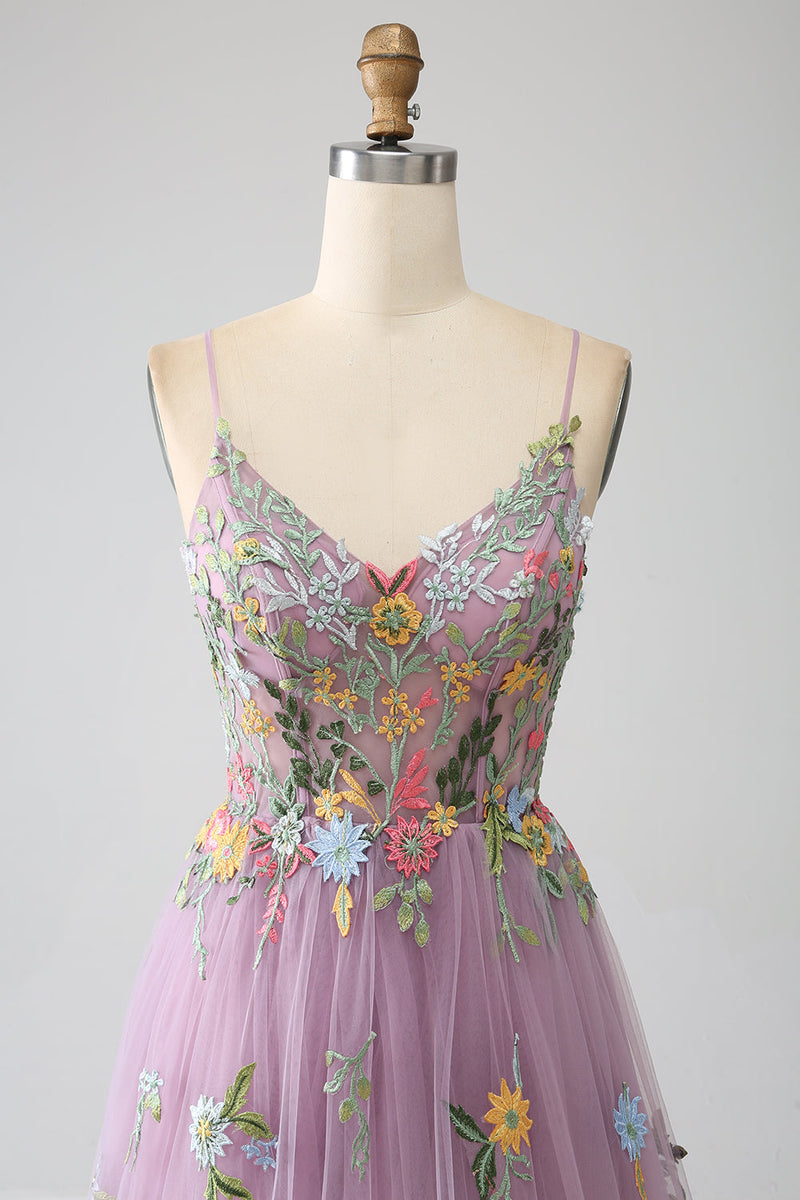 Laden Sie das Bild in den Galerie-Viewer, Mauve A-Linie Spaghettiträger Langes Ballkleid aus Tüll mit Stickerei