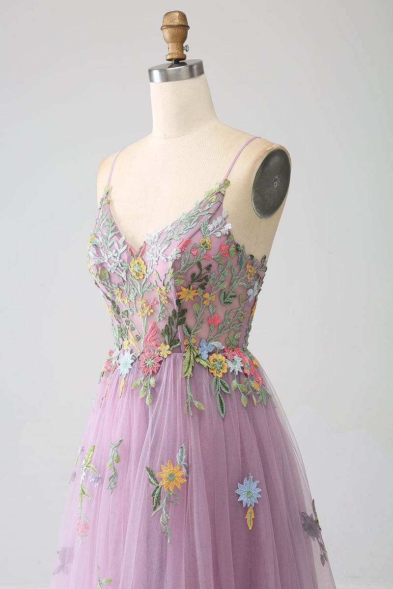 Laden Sie das Bild in den Galerie-Viewer, Mauve A-Linie Spaghettiträger Langes Ballkleid aus Tüll mit Stickerei