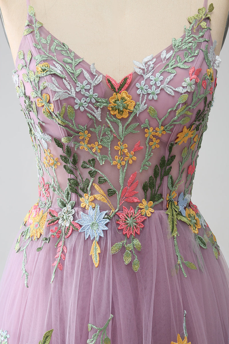 Laden Sie das Bild in den Galerie-Viewer, Mauve A-Linie Spaghettiträger Langes Ballkleid aus Tüll mit Stickerei