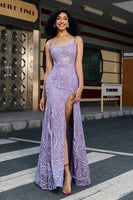 Laden Sie das Bild in den Galerie-Viewer, Stilvolles Meerjungfrauen Spaghettiträger-Kleid Lila Langer Abschlussball mit Schlitz