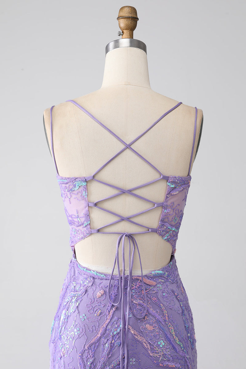 Laden Sie das Bild in den Galerie-Viewer, Meerjungfrau Schnürrücken Fliederfarbene Pailletten Ballkleid mit Schlitz