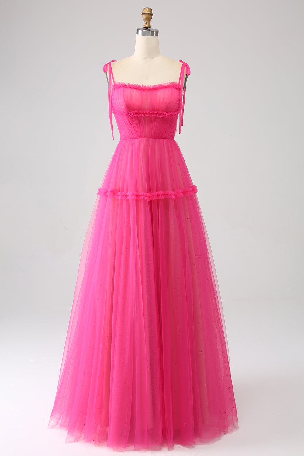 Fuchsia A-Linie Tüll Langes Ballkleid mit Rüschen