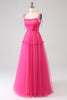 Laden Sie das Bild in den Galerie-Viewer, Fuchsia A-Linie Tüll Langes Ballkleid mit Rüschen