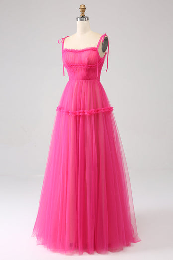 Fuchsia A-Linie Tüll Langes Ballkleid mit Rüschen
