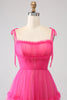 Laden Sie das Bild in den Galerie-Viewer, Fuchsia A-Linie Tüll Langes Ballkleid mit Rüschen