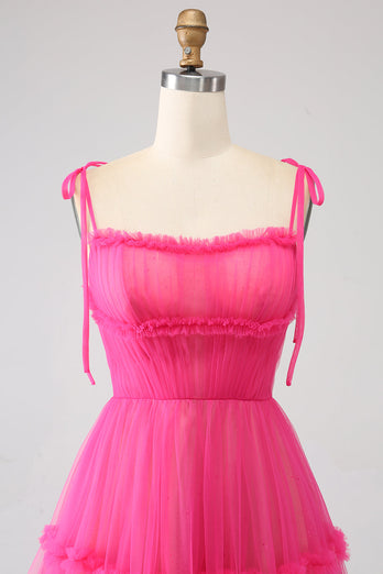 Fuchsia A-Linie Tüll Langes Ballkleid mit Rüschen