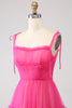 Laden Sie das Bild in den Galerie-Viewer, Fuchsia A-Linie Tüll Langes Ballkleid mit Rüschen
