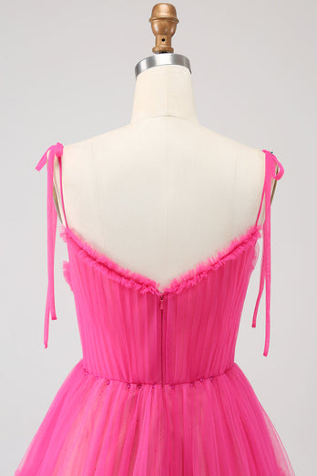 Fuchsia A-Linie Tüll Langes Ballkleid mit Rüschen