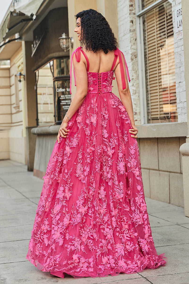 Laden Sie das Bild in den Galerie-Viewer, Spaghettiträger Heißes Rosa A-Linie Langes Ballkleid mit Schlitz