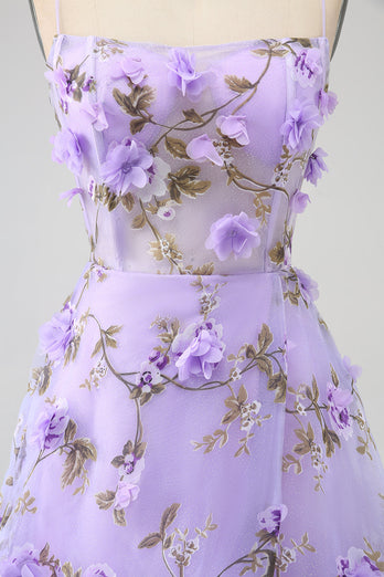 Fliederfarbenes A-Linien Spaghettiträger Langes Ballkleid mit 3D-Blumen