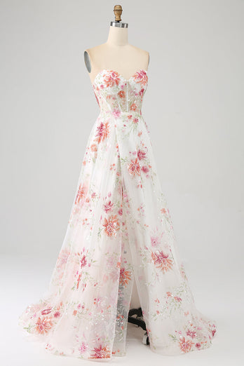 Elfenbeinfarbenes Blumenbesticktes Langes Korsett-Ballkleid mit Schlitz