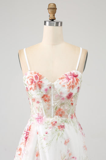 Elfenbeinfarbenes Blumenbesticktes Langes Korsett-Ballkleid mit Schlitz