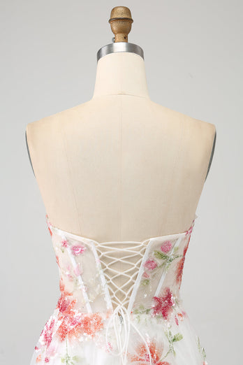 Elfenbeinfarbenes Blumenbesticktes Langes Korsett-Ballkleid mit Schlitz
