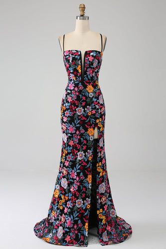 Schwarzes Meerjungfrauen Spaghettiträger Ballkleid mit Blumen Besticktes und Schlitz