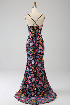 Schwarzes Meerjungfrauen Spaghettiträger Ballkleid mit Blumen Besticktes und Schlitz