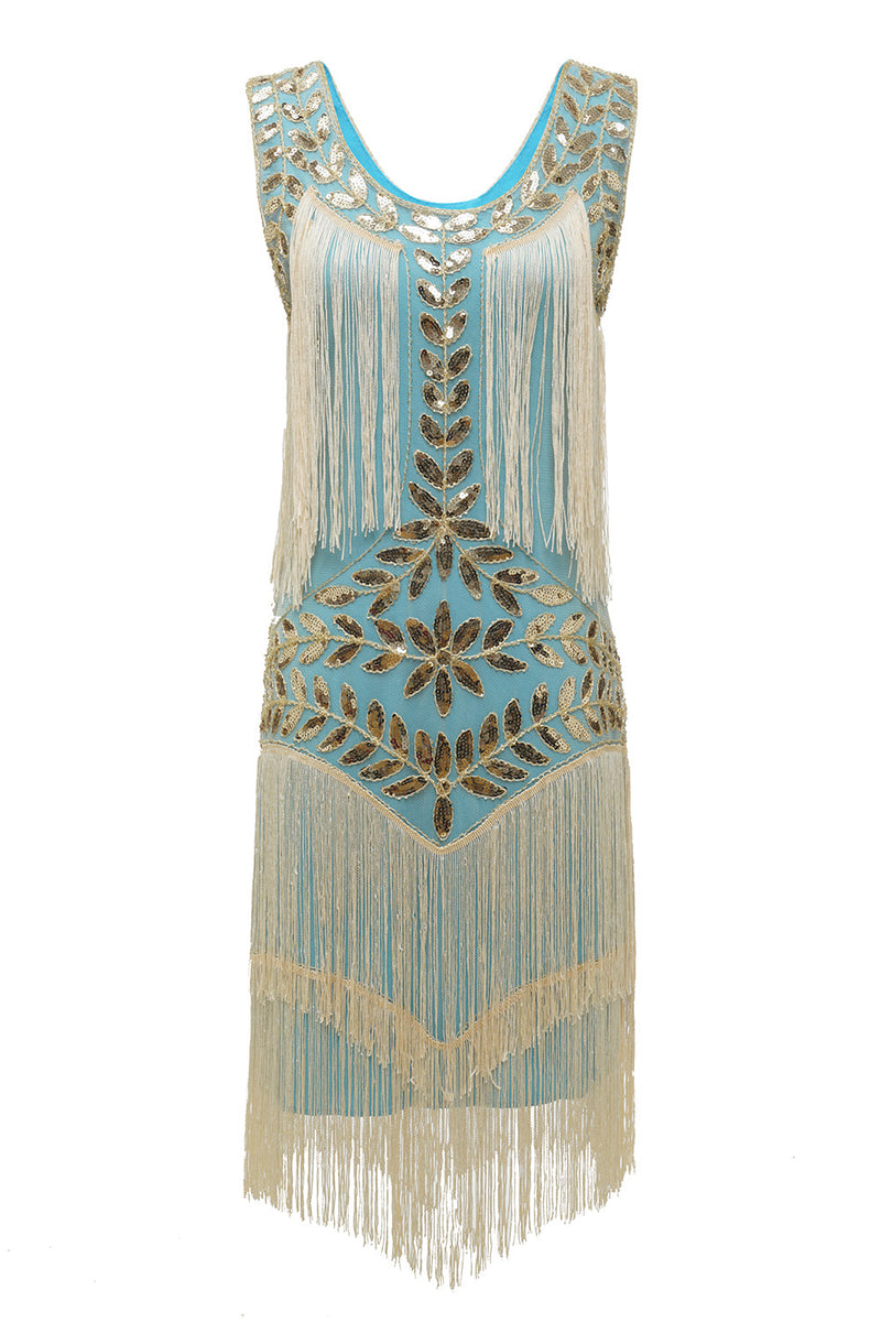 Laden Sie das Bild in den Galerie-Viewer, Champagne Gatsby Kleid aus den 1920er Jahren mit Pailletten und Fransen