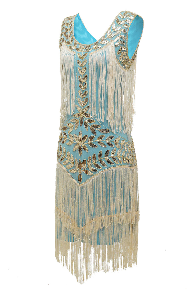 Laden Sie das Bild in den Galerie-Viewer, Dunkelgrünes Gatsby Kleid aus den 1920er Jahren mit Pailletten und Fransen