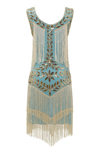 Dunkelgrünes Gatsby Kleid aus den 1920er Jahren mit Pailletten und Fransen