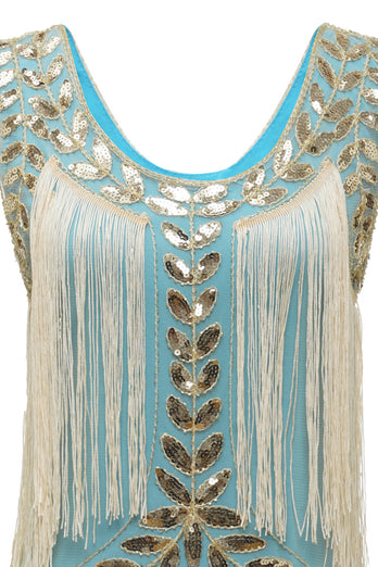Dunkelgrünes Gatsby Kleid aus den 1920er Jahren mit Pailletten und Fransen