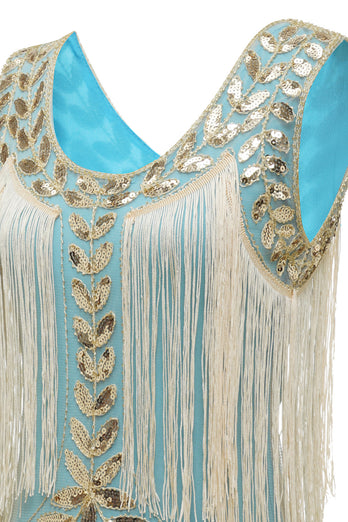 Dunkelgrünes Gatsby Kleid aus den 1920er Jahren mit Pailletten und Fransen